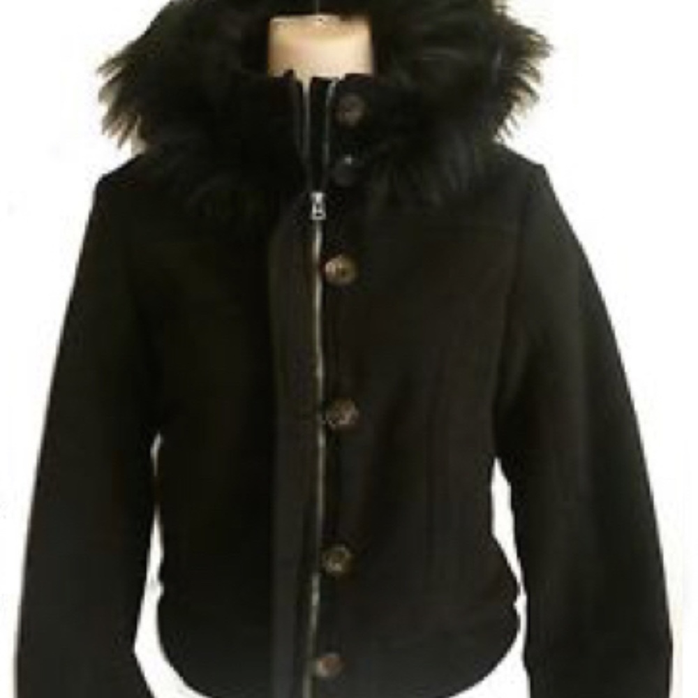 Small Womens AEROPOSTALE Black Hooded Wool Bomber Jacket Coat Aero Fur Winter